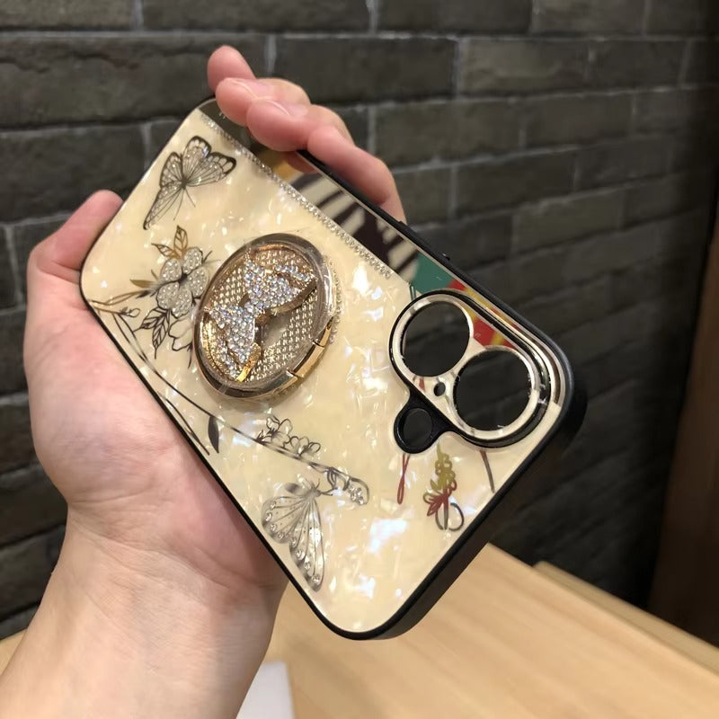 Luxury Apple iPhone Case, MagSafe Compatible, Camera Lens & Screen Protection, Ultra Thin, Shockproof, Magnetic Full All Around Cover – Shell Pattern Butterfly Case with Ring Holder & Hard Silicone TPU Back Design