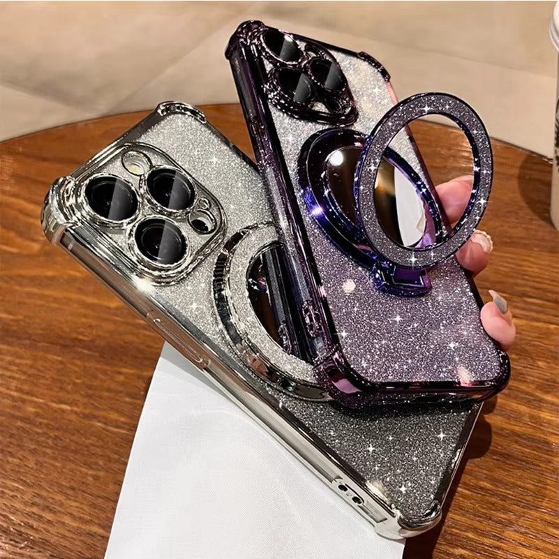 Luxury Apple iPhone Case, MagSafe Compatible, Camera Lens & Screen Protection, Ultra Thin, Shockproof, Magnetic Full All Around Cover – Sparkling Gradient Glitter Airbag Case with Mirror Back & Diamond Stand Holder