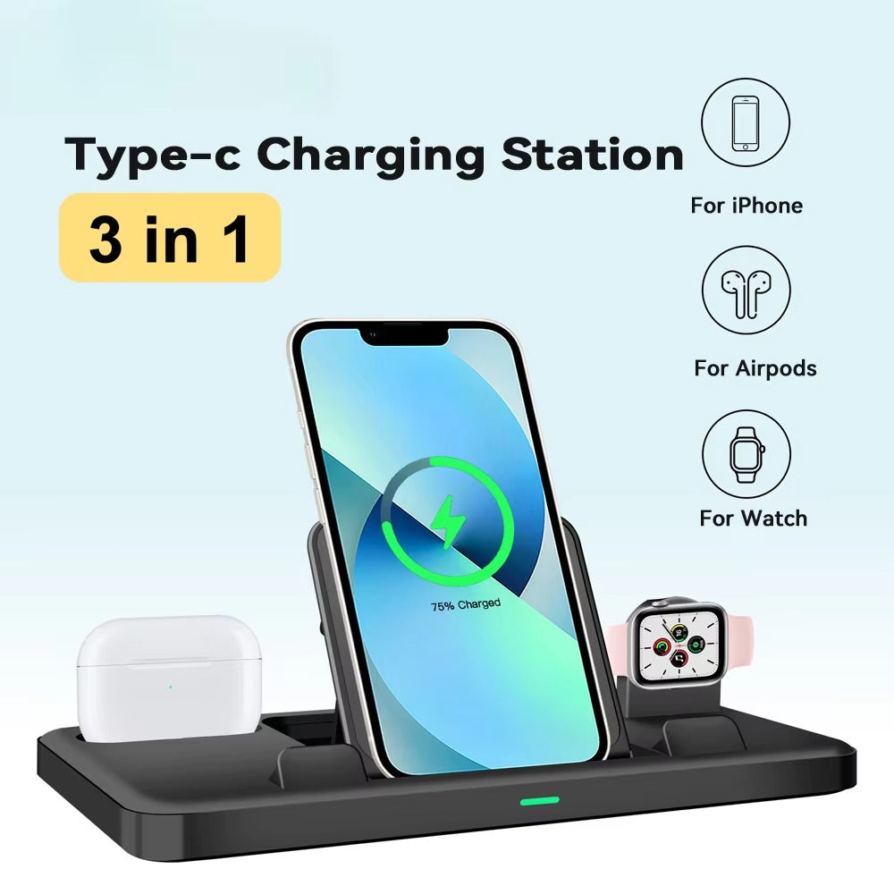 Premium 3 in 1 Charging Station – Portable Type-C Fast Charger Stand and Desk Holder for iPhone, Apple Watch and AirPods with Cable Included