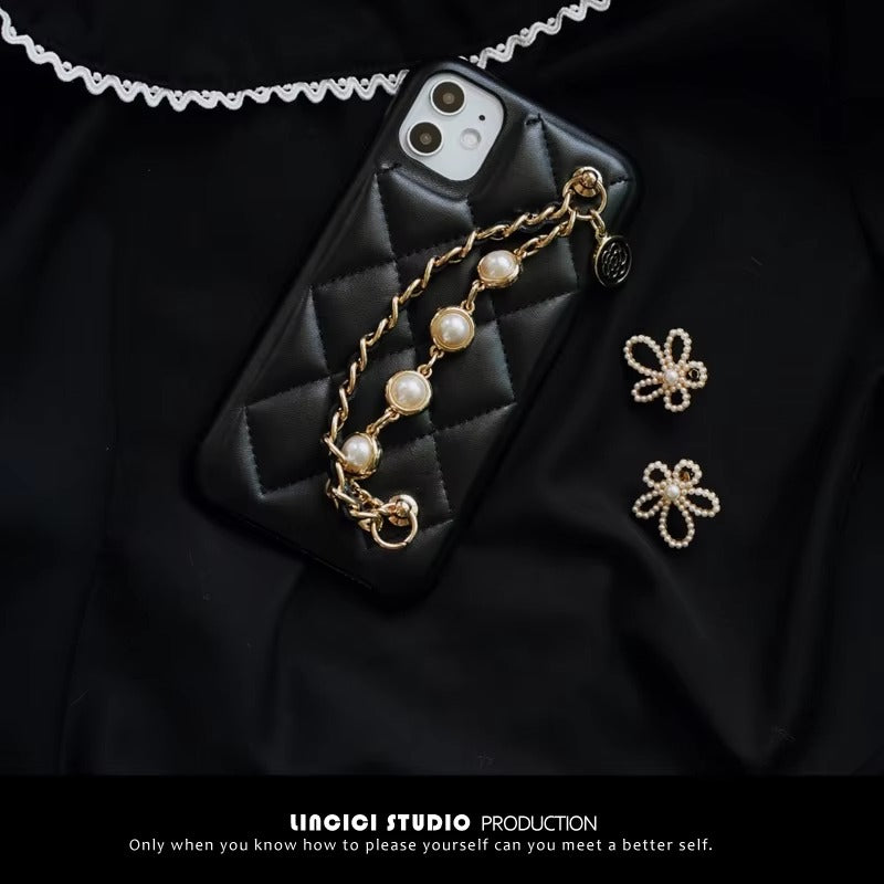 High Quality Apple iPhone Case, MagSafe Compatible, Camera Lens & Screen Protection, Ultra Thin, Shockproof, Magnetic Full All Around Cover – Lambskin Leather Handbag Case with Flower Pearl Strap & Long Metal Chain