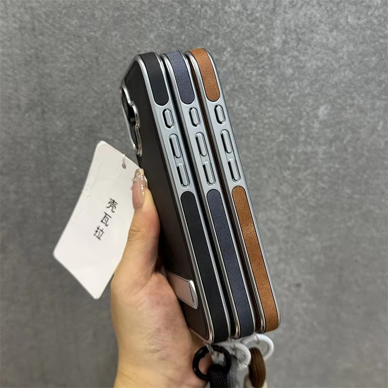 High-End Apple iPhone Case, MagSafe Compatible, Camera Lens & Screen Protection, Ultra Thin, Shockproof, Magnetic Full All Around Cover – Business Plating Leather Case with Kickstand, Wrist Strap & Hand Chain