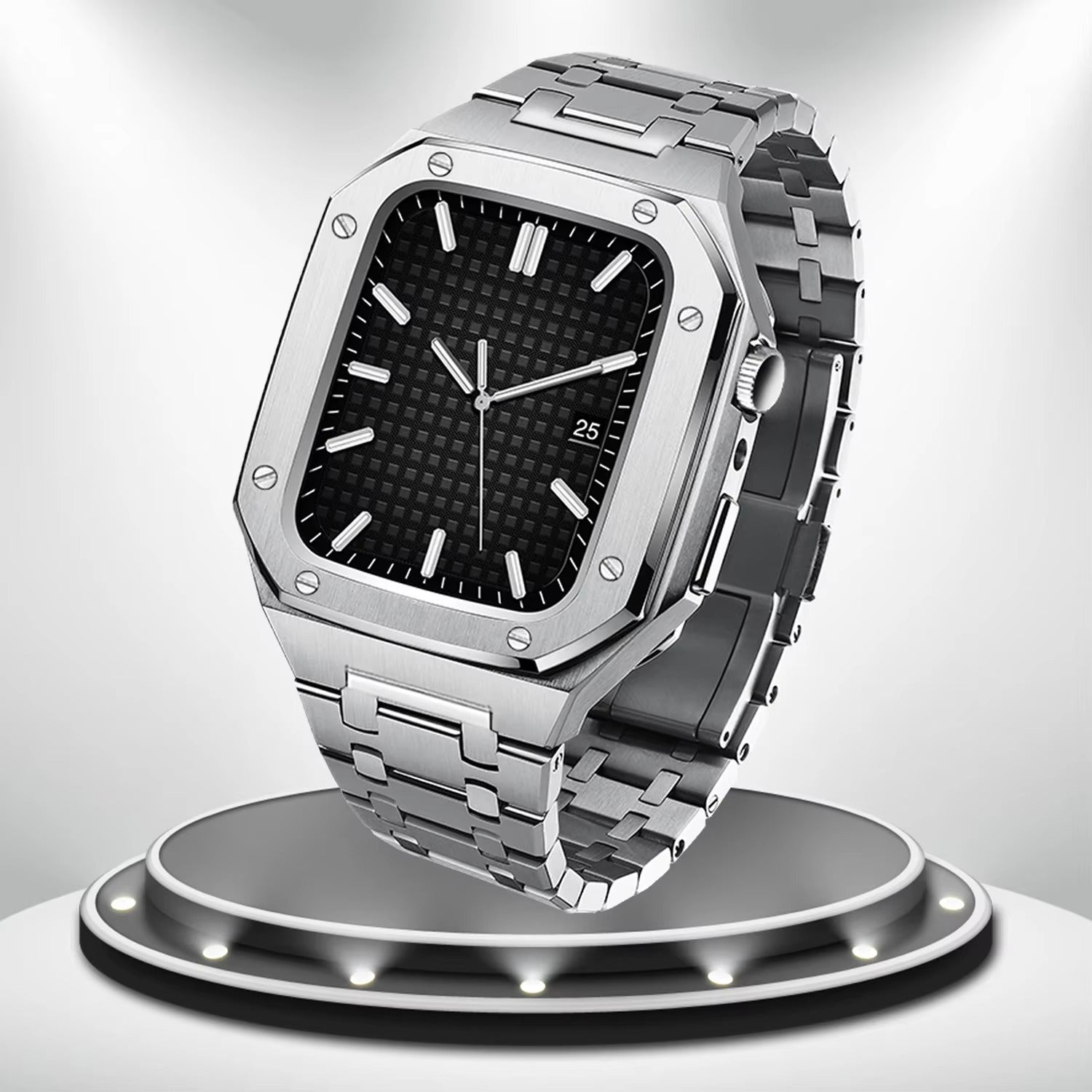 Luxury Metal Mod Kit for Smartwatch – Bezel Frame, Strap, and Case Set for 44mm to 45mm Watches, Premium Custom Accessories