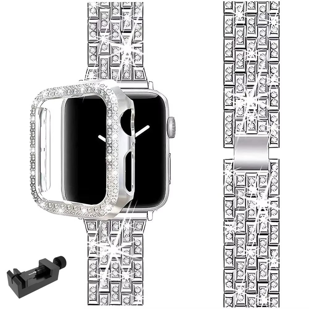 Luxury Glitter Metal Watch Band with Diamond Case – Sparkling Adjustable Strap and Protective Cover for 40mm to 49mm