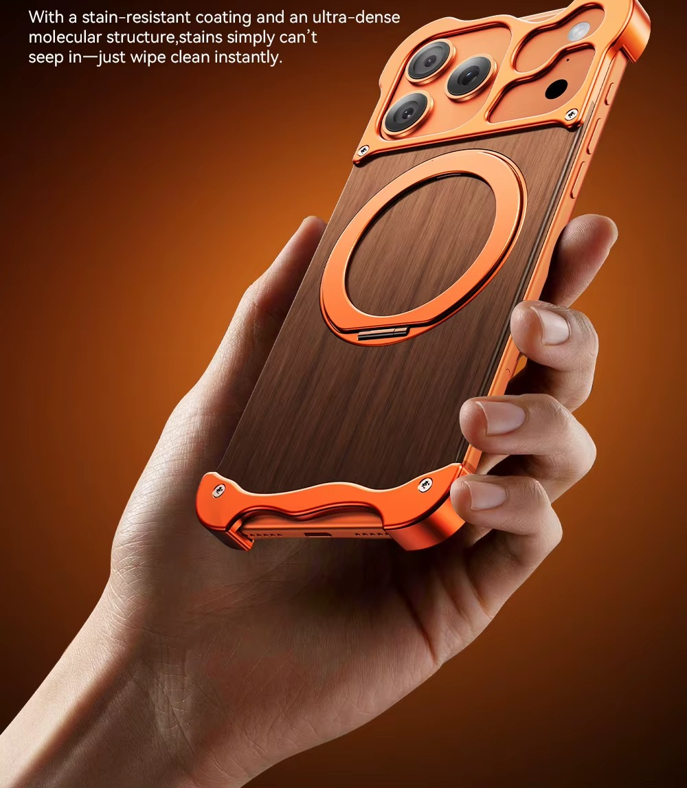 Luxury Wood & Aluminum iPhone Case – MagSafe Compatible Magnetic Cover with 360° Rotating Ring Stand, Shockproof Frame and Camera Lens Protection