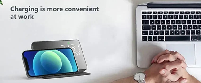 Premium 4 in 1 Wireless Charging Station with Alarm Clock – Fast Charger Stand for iPhone, Apple Watch, AirPods, Samsung Galaxy, Temperature & Date Display
