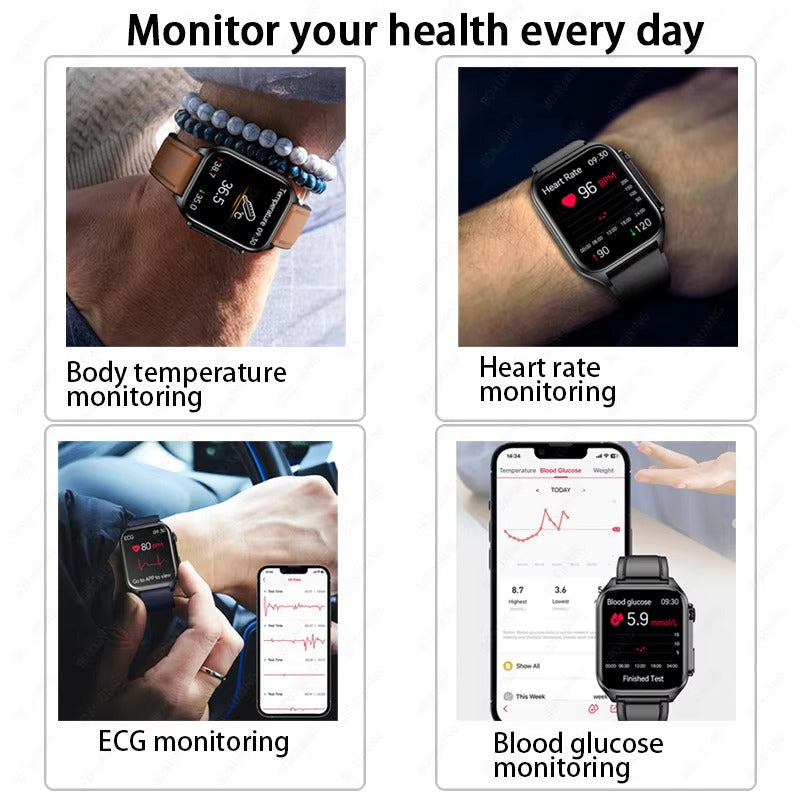 Premium Health Smartwatch for iPhone – Non-Invasive Blood Glucose Monitor with ECG+PPG, AI Voice Assistant, Bluetooth Calling