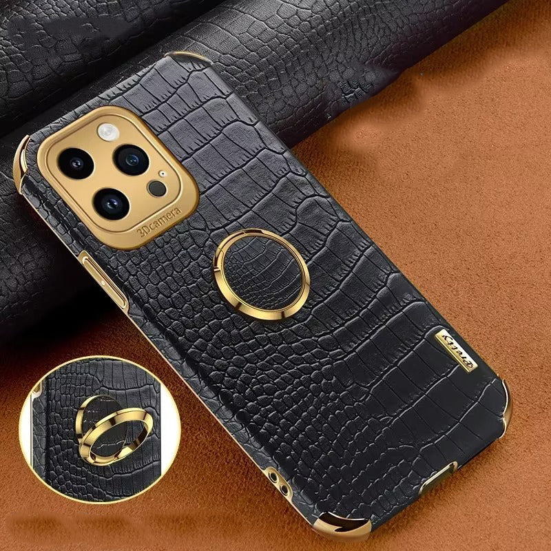 Premium Apple iPhone Case MagSafe Compatible, Camera Lens & Screen Protection, Ultra Thin Shockproof Magnetic Full All Around Protection Cover with Crocodile Leather Ring Holder