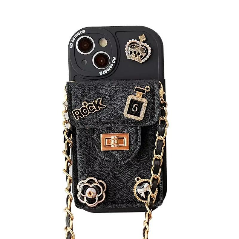 Luxury Apple iPhone Case, MagSafe Compatible, Camera Lens & Screen Protection, Ultra Thin, Shockproof, Magnetic Full All Around Cover – Camellia Flower Pearl Crown Crossbody Wallet Case