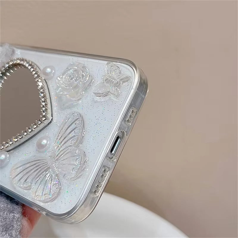 Luxury Apple iPhone Case, MagSafe Compatible, Camera Lens and Screen Protection, Ultra Thin, Shockproof, Magnetic, Full All Around Protection, Glitter Butterfly Mirror Cover
