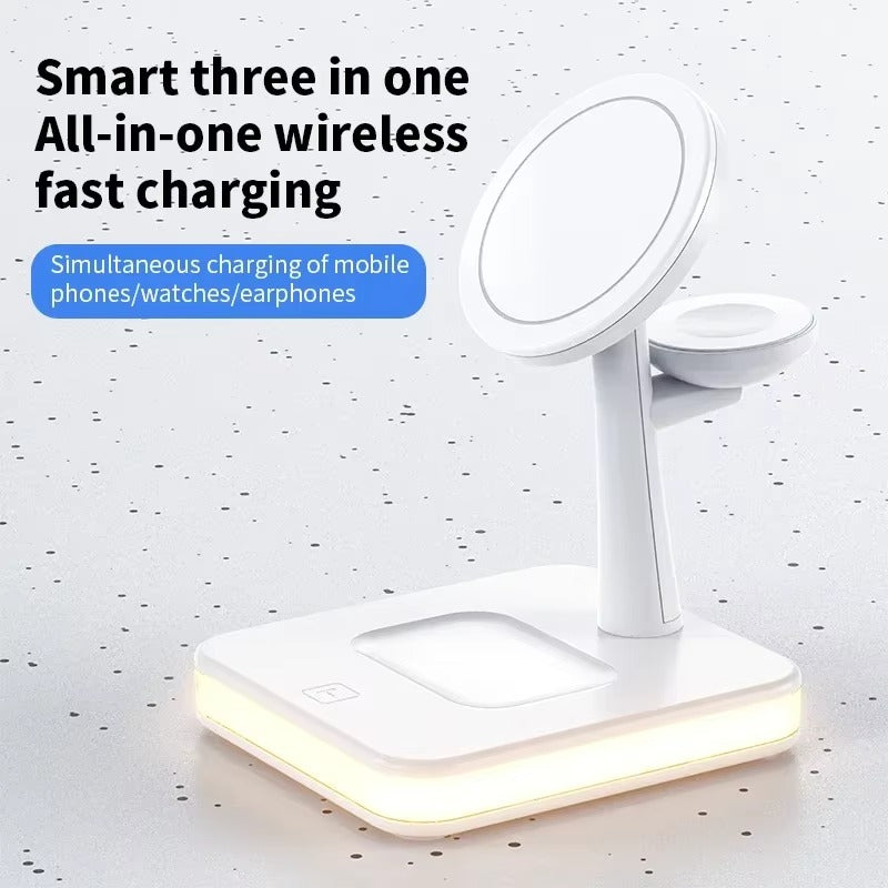 Premium 4 in 1 Magnetic Wireless Charging Station – 30W Fast Charger Stand with LED Lamp, Cooling Fan, USB Output for Phones, AirPods and Apple Watch