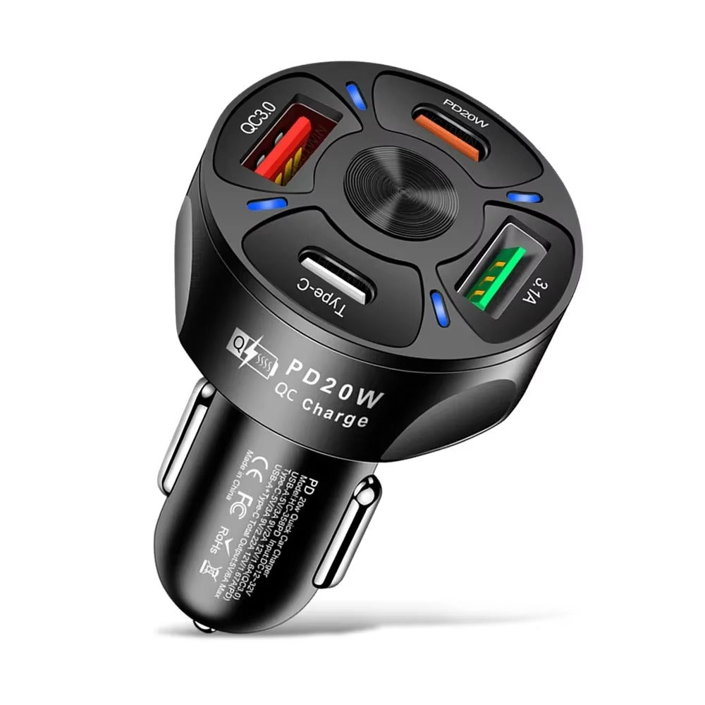 High Speed 55W USB Car Charger Adapter – 4-Port PD & QC3.0 Fast Charging Cigarette Lighter Plug with LED Display, Smart Protection for Phones & Tablets