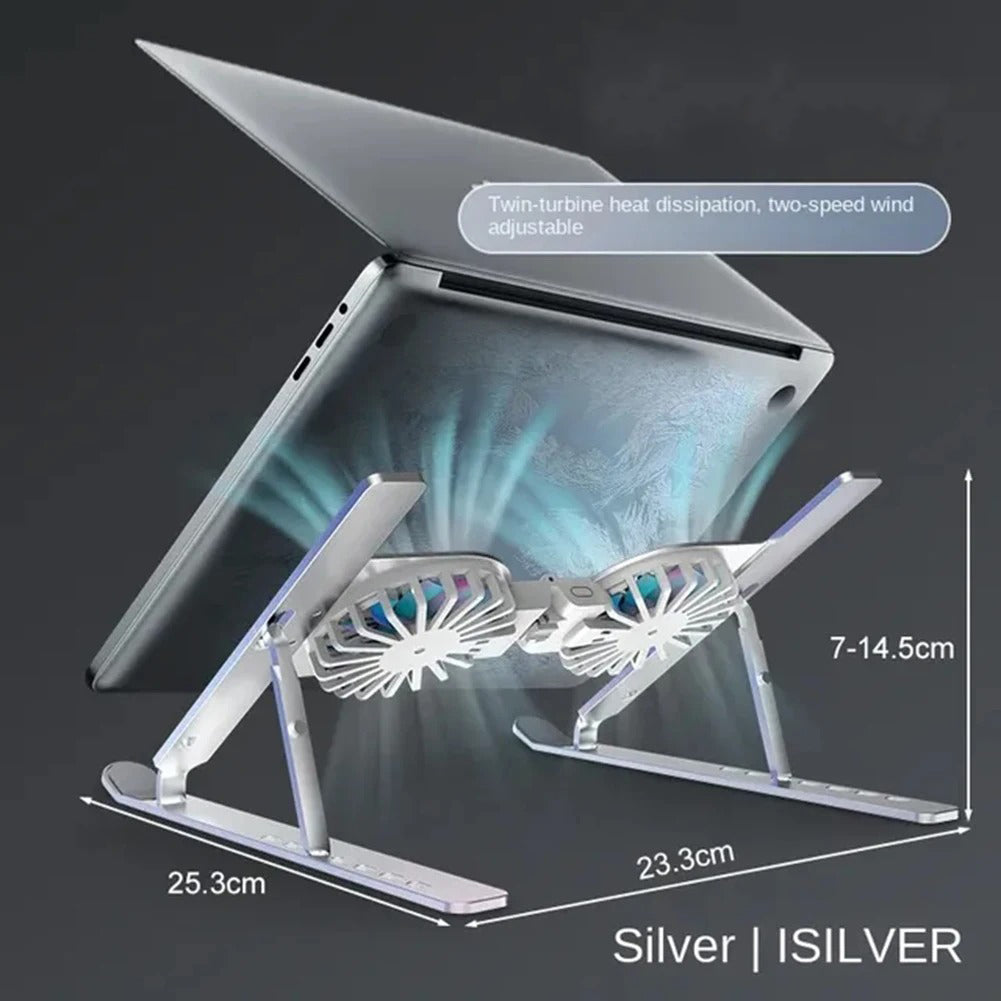 Luxury Aluminum Laptop Stand with RGB Light & Dual Cooling Fans – 7-Level Height Adjustable Notebook Holder, USB Powered, Foldable & Portable for 17" Devices