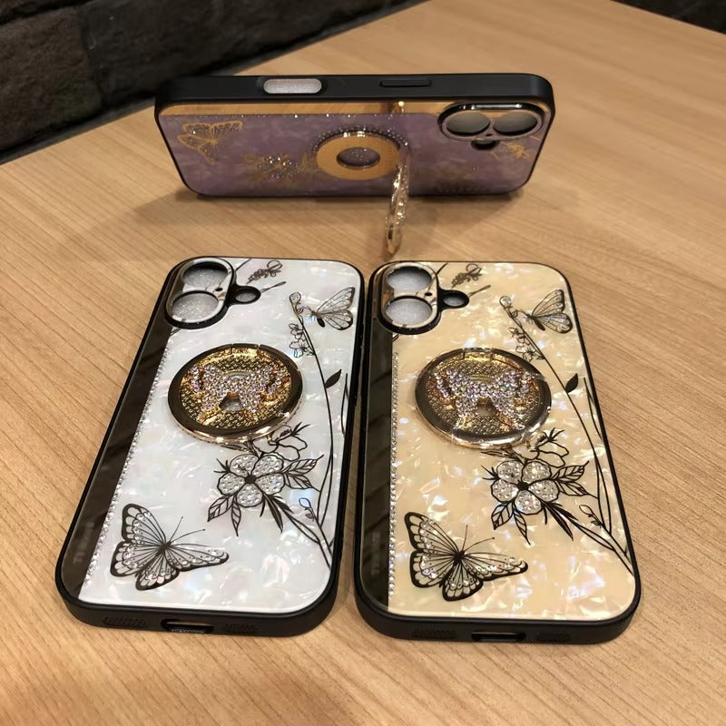 Luxury Apple iPhone Case, MagSafe Compatible, Camera Lens & Screen Protection, Ultra Thin, Shockproof, Magnetic Full All Around Cover – Shell Pattern Butterfly Case with Ring Holder & Hard Silicone TPU Back Design