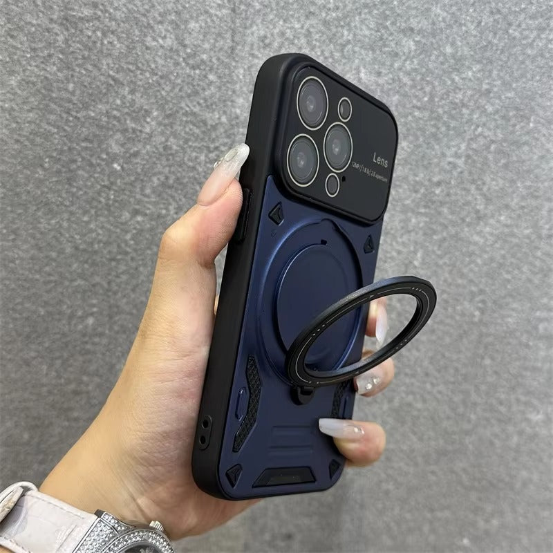 Luxury Apple iPhone Case, MagSafe Compatible, Camera Lens & Screen Protection, Ultra Thin, Shockproof, Magnetic Full All Around Cover – Stand Holder Case with Lens Guard, Wristband & Lanyard Strap