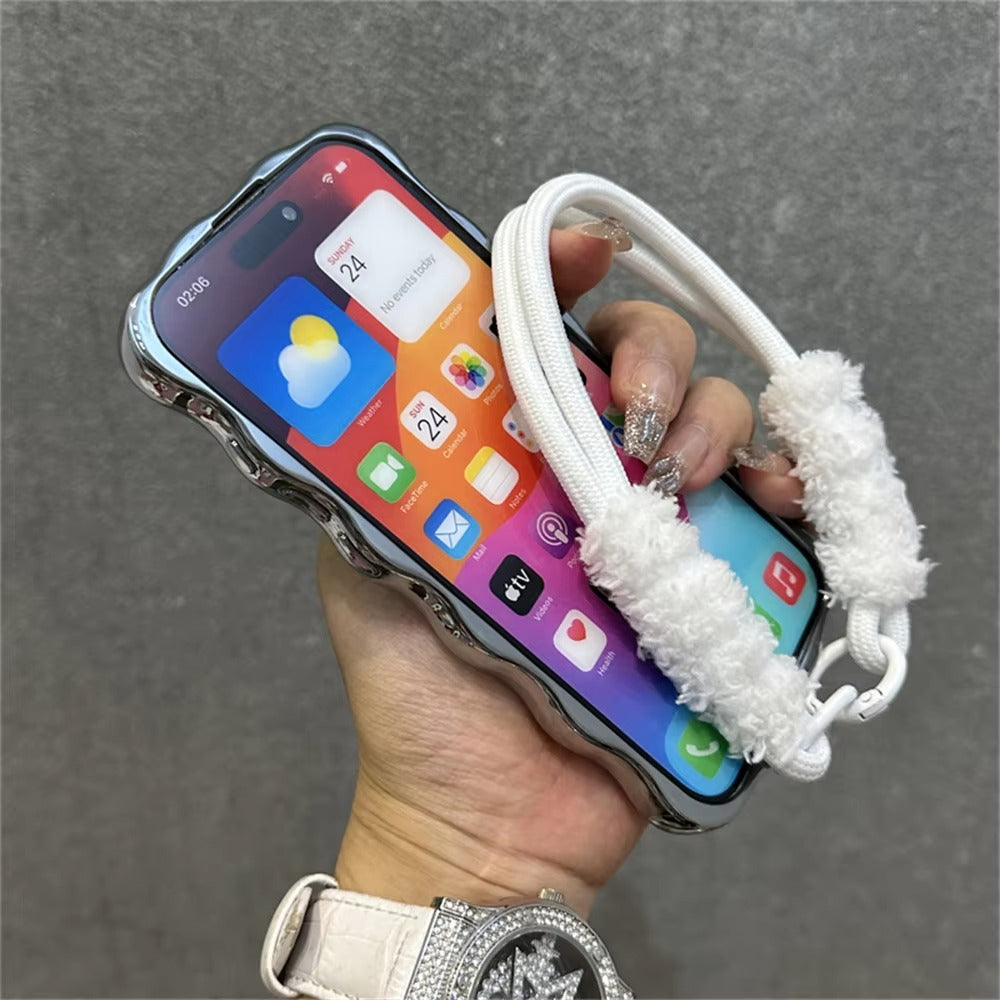 Luxury Apple iPhone Case, MagSafe Compatible, Camera Lens & Screen Protection, Ultra Thin, Shockproof, Magnetic Full All Around Cover – 3D Wave Edge Plating Case with Plush Wristband & Lanyard Strap