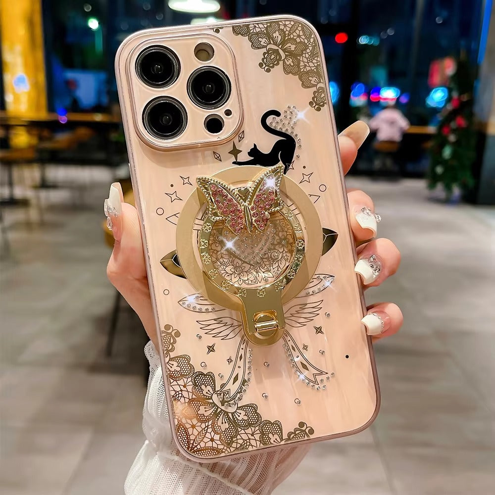 Luxury Apple iPhone Case, MagSafe Compatible, Camera Lens and Screen Protection, Ultra Thin, Shockproof, Magnetic, Full All Around Protection, Night Cat Ring Cover