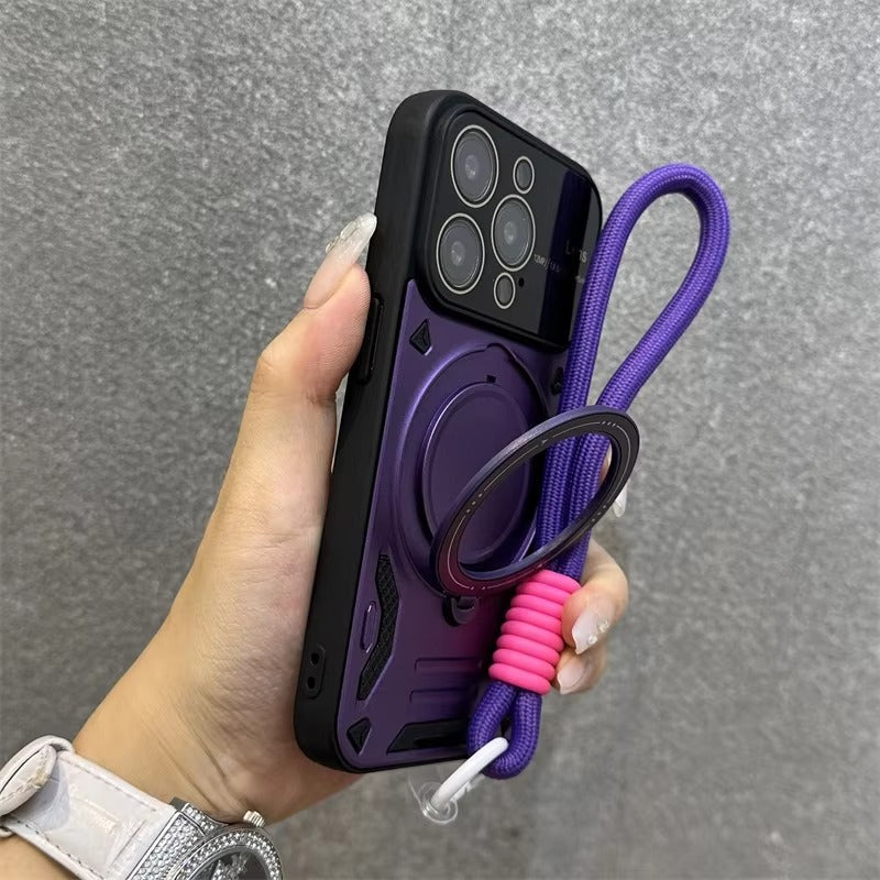 Luxury Apple iPhone Case, MagSafe Compatible, Camera Lens & Screen Protection, Ultra Thin, Shockproof, Magnetic Full All Around Cover – Stand Holder Case with Lens Guard, Wristband & Lanyard Strap