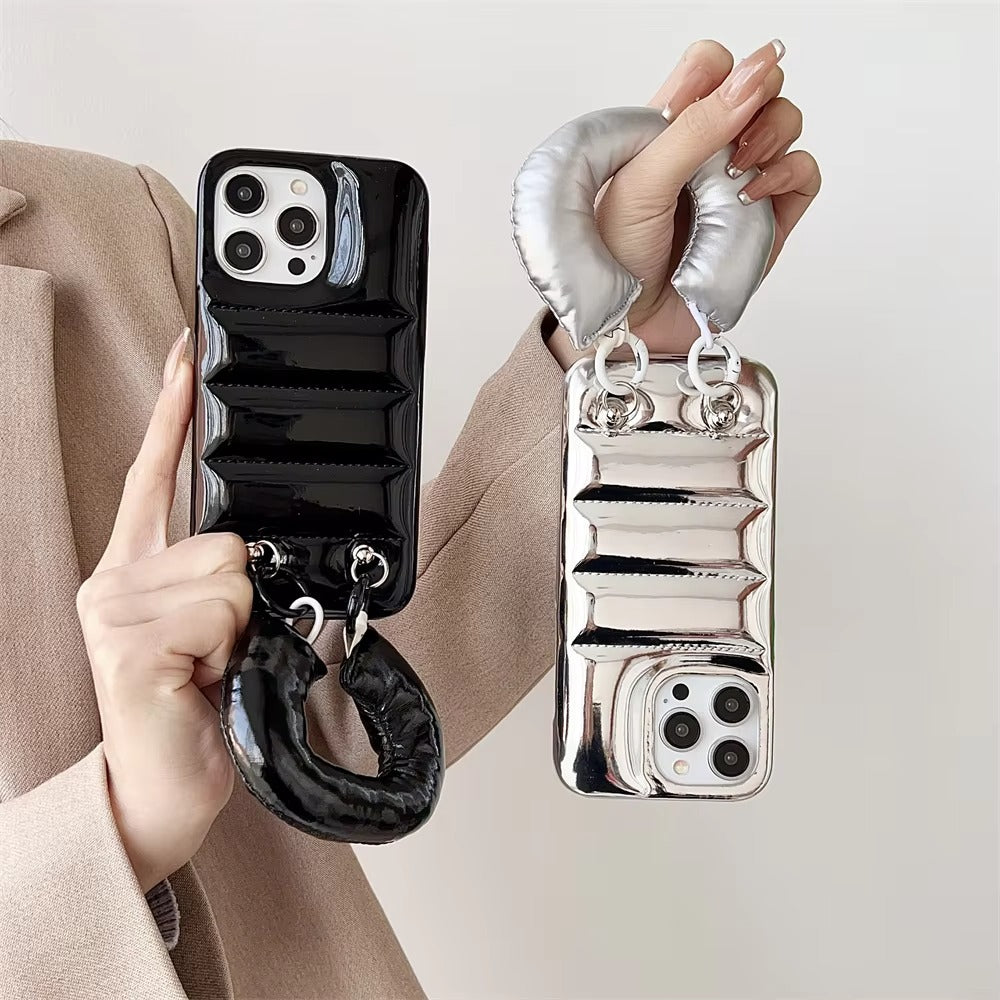 Luxury Apple iPhone Case, MagSafe Compatible, Camera Lens & Screen Protection, Ultra Thin, Shockproof, Magnetic Full All Around Cover – Down Jacket Style Silicone Case with Wrist Strap & Soft Finish