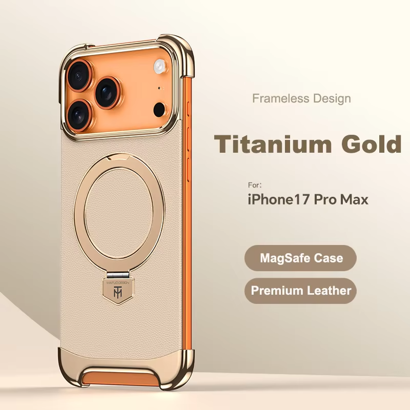 Luxury Leather Frameless iPhone Case – Ultra Thin Magnetic Cover with Metal Bracket Stand, Shockproof Bumper Protection and Camera Lens Guard