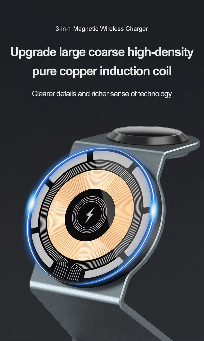 Luxury 3 in 1 Magnetic Wireless Charger Stand – Transparent Fast Charging Dock for iPhone, Apple Watch, AirPods with Aluminum Alloy Design, 15W Output