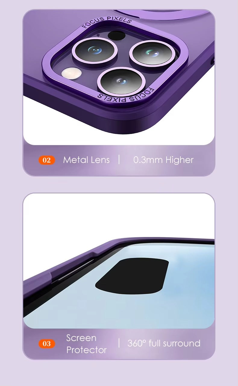 High Quality Apple iPhone Case MagSafe Compatible, Camera Lens & Screen Protection, Cover with Aluminum Stand & Metal Lens