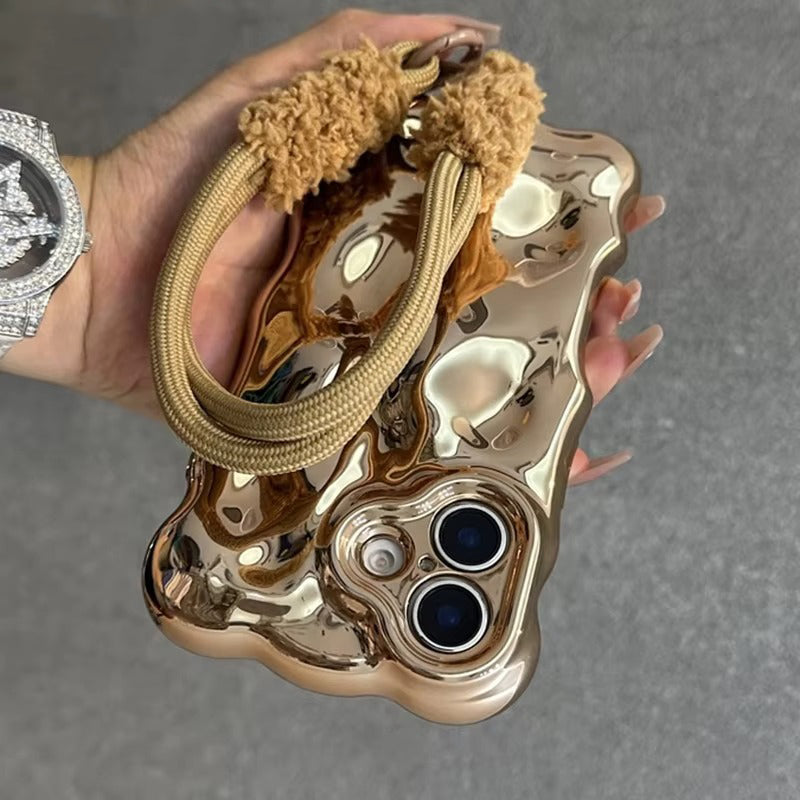 Luxury Apple iPhone Case, MagSafe Compatible, Camera Lens & Screen Protection, Ultra Thin, Shockproof, Magnetic Full All Around Cover – 3D Wave Edge Plating Case with Plush Wristband & Lanyard Strap