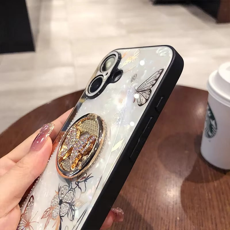 Luxury Apple iPhone Case, MagSafe Compatible, Camera Lens & Screen Protection, Ultra Thin, Shockproof, Magnetic Full All Around Cover – Shell Pattern Butterfly Case with Ring Holder & Hard Silicone TPU Back Design