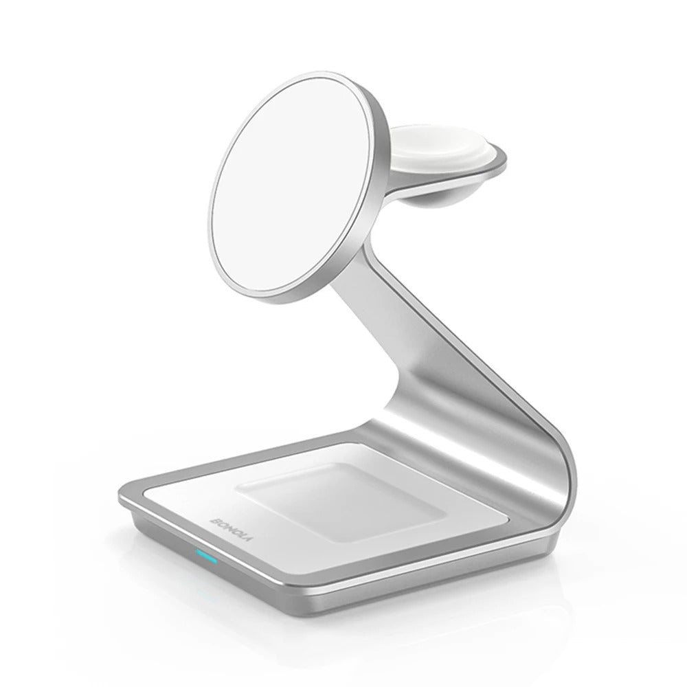Premium 3 in 1 Magnetic Wireless Charging Stand – 15W Fast Charger Dock with Aluminum Alloy Metal Design for iPhone, Apple Watch and AirPods