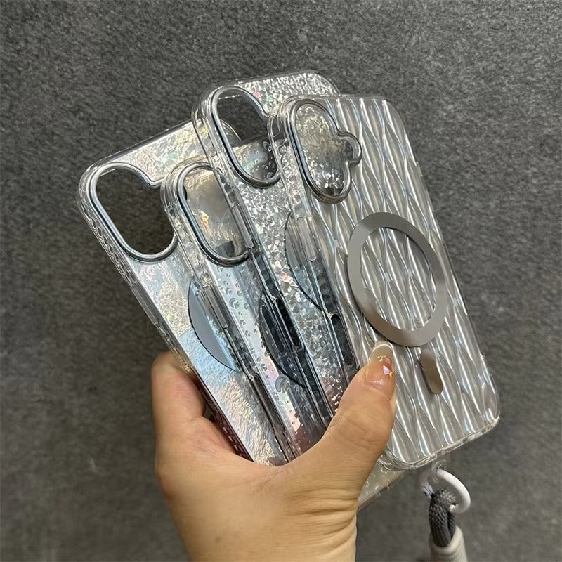 Luxury Apple iPhone Case, MagSafe Compatible, Camera Lens & Screen Protection, Ultra Thin, Shockproof, Magnetic Full All Around Cover – Laser Aurora Raindrop Acrylic Case with Wrist Strap & Wireless Charging