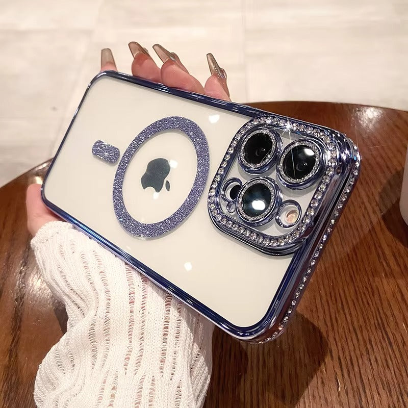 Luxury Pink Glitter Apple iPhone Case, MagSafe Compatible, Ultra Thin Magnetic Shockproof Full Protection Cover and Diamond Clear Plated Shell