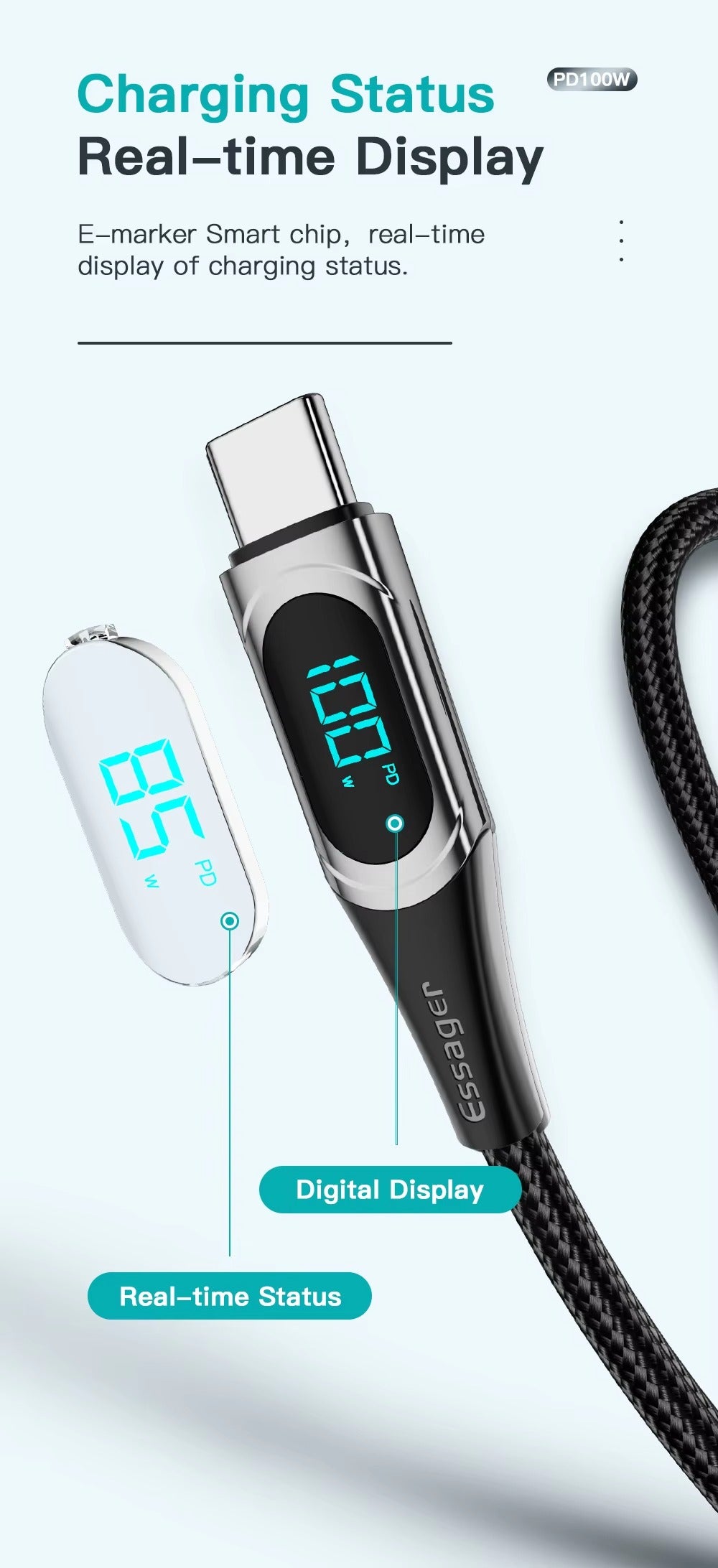 High Power 100W USB-C to USB-C Cable – Fast Charging 5A PD Charger Cord with LED Display, 480Mbps Data Transfer, 1m/2m Nylon Braided Wire for Laptop & Phone