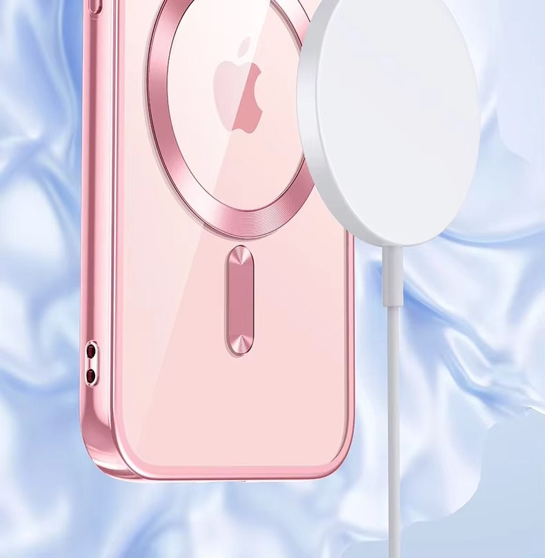 Luxury Apple iPhone Case, MagSafe Compatible, Camera Lens & Screen Protection, Ultra Thin, Shockproof, Magnetic Full All Around Cover – Plating Transparent Silicone TPU Case with Magnetic Back & Lens Film Protection
