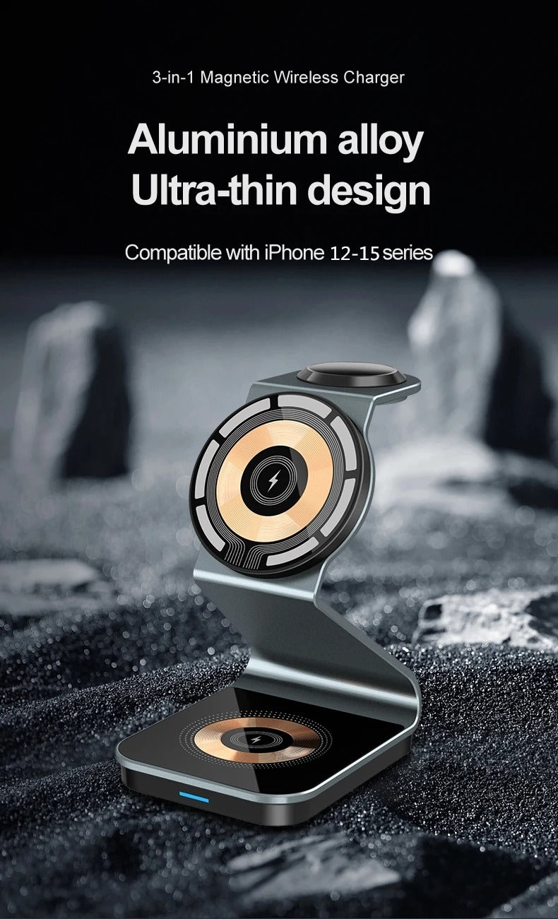 Luxury 3 in 1 Magnetic Wireless Charger Stand – Transparent Fast Charging Dock for iPhone, Apple Watch, AirPods with Aluminum Alloy Design, 15W Output