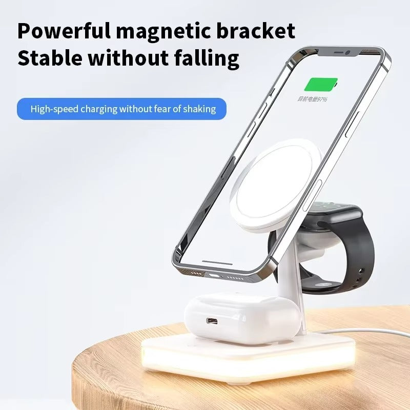 Premium 4 in 1 Magnetic Wireless Charging Station – 30W Fast Charger Stand with LED Lamp, Cooling Fan, USB Output for Phones, AirPods and Apple Watch