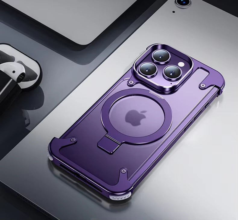 Luxury Edgeless Apple iPhone Case, MagSafe Compatible, Ultra Thin Magnetic Metal Frame and Aluminum Kickstand