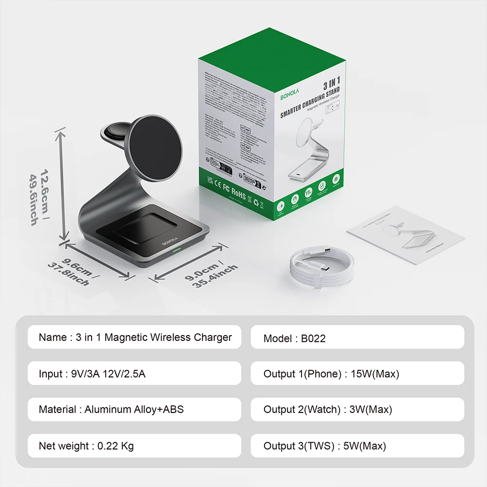 Premium 3 in 1 Magnetic Wireless Charging Stand – 15W Fast Charger Dock with Aluminum Alloy Metal Design for iPhone, Apple Watch and AirPods