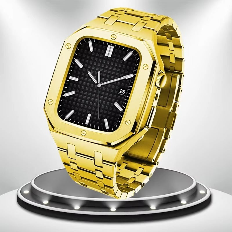 Luxury Metal Mod Kit for Smartwatch – Bezel Frame, Strap, and Case Set for 44mm to 45mm Watches, Premium Custom Accessories