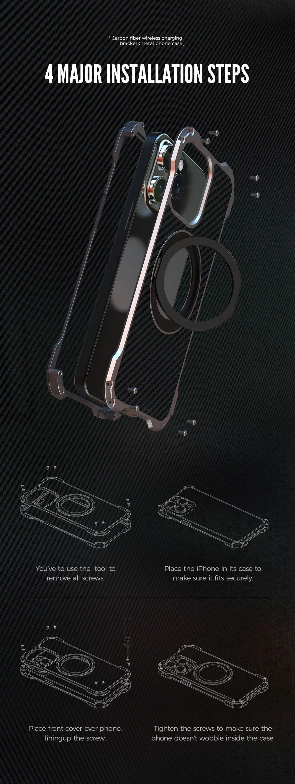 Robust Apple iPhone Case, MagSafe Compatible, Camera Lens & Screen Protection, Ultra Thin, Shockproof, Magnetic Full All Around Cover – Carbon Fiber Aluminum Alloy Case with Built-In Holder Ring & Lightweight Frame