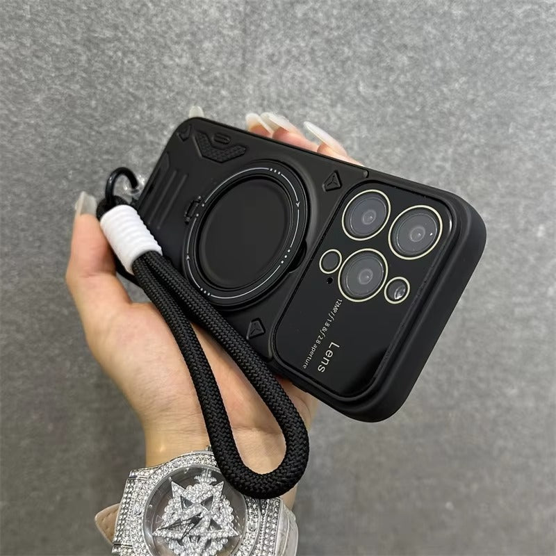 Luxury Apple iPhone Case, MagSafe Compatible, Camera Lens & Screen Protection, Ultra Thin, Shockproof, Magnetic Full All Around Cover – Stand Holder Case with Lens Guard, Wristband & Lanyard Strap