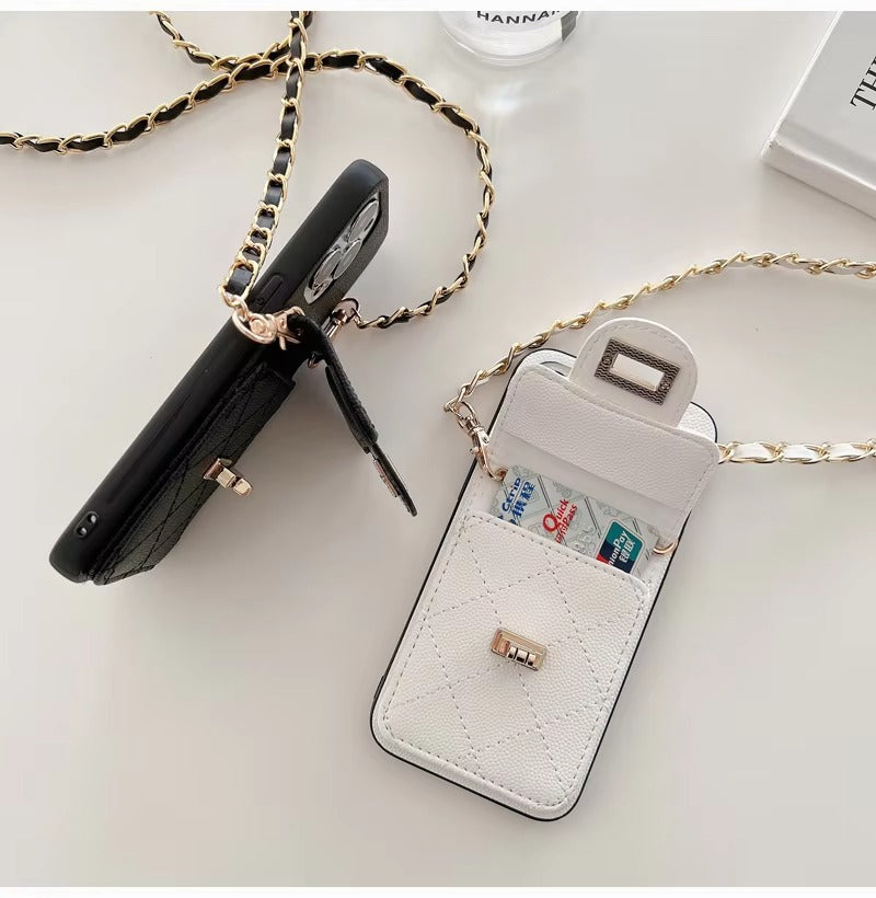 Luxury Apple iPhone Case, MagSafe Compatible, Camera Lens & Screen Protection, Ultra Thin, Shockproof, Magnetic Full All Around Cover – Lingge Envelope Crossbody Card Bag with Long Necklace Strap