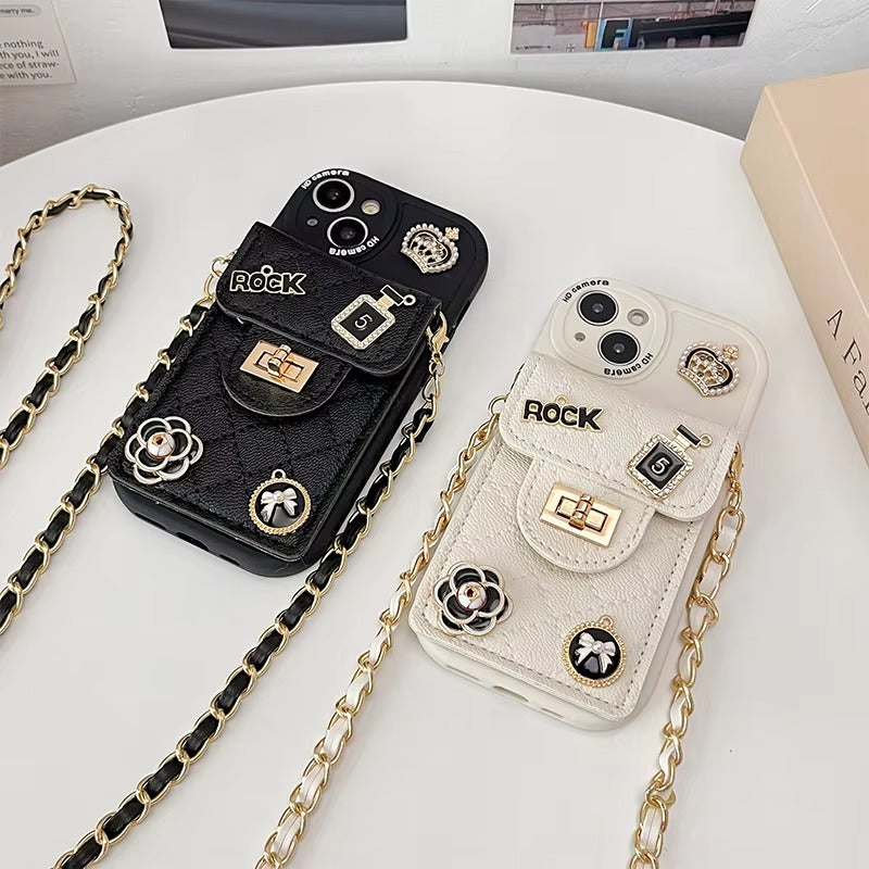 Luxury Apple iPhone Case, MagSafe Compatible, Camera Lens & Screen Protection, Ultra Thin, Shockproof, Magnetic Full All Around Cover – Camellia Flower Pearl Crown Crossbody Wallet Case