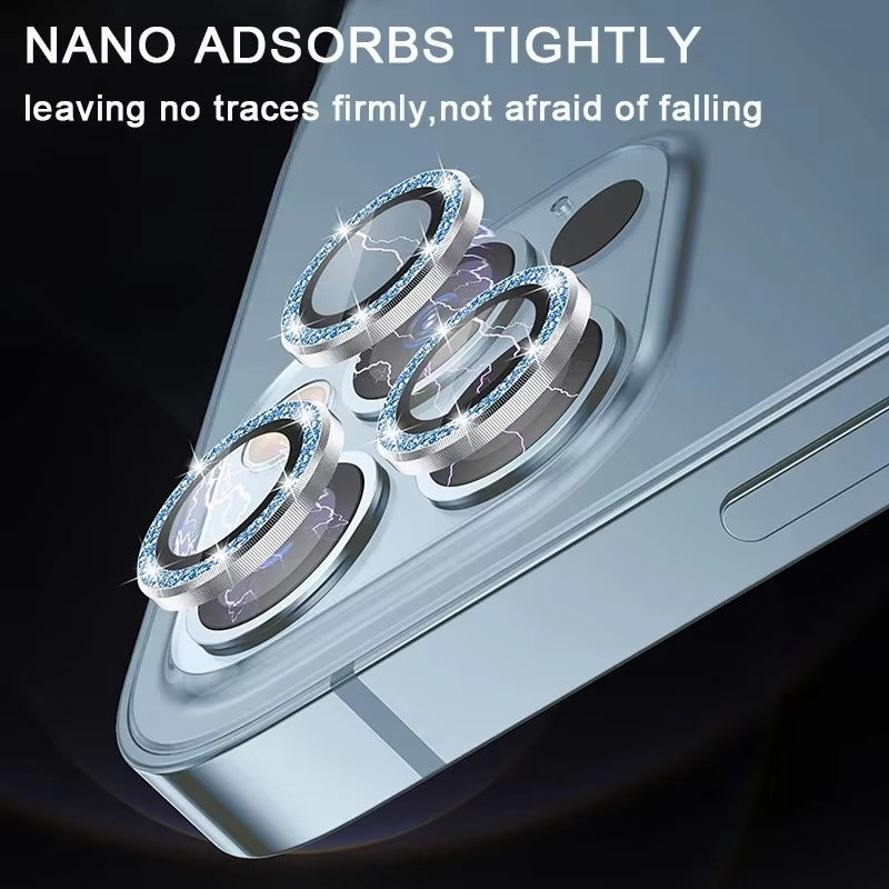Luxury Metal Camera Lens Protector for iPhone – Diamond Edging, 9H Corning Glass, Anti-Scratch, Shockproof, Ultra HD Transparent Lens Cover Ring