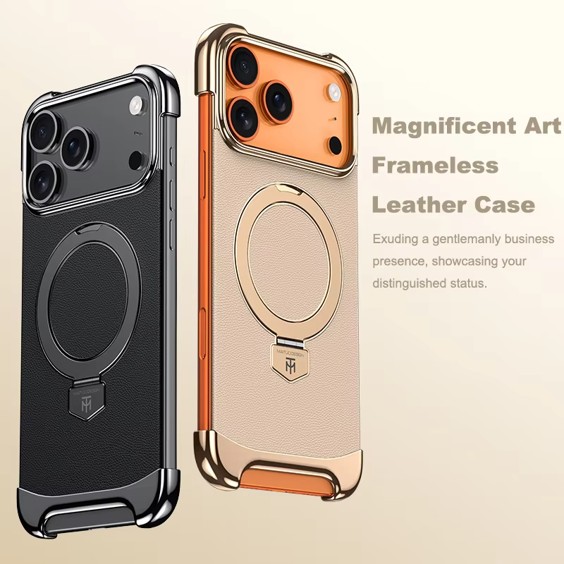 Luxury Leather Frameless iPhone Case – Ultra Thin Magnetic Cover with Metal Bracket Stand, Shockproof Bumper Protection and Camera Lens Guard