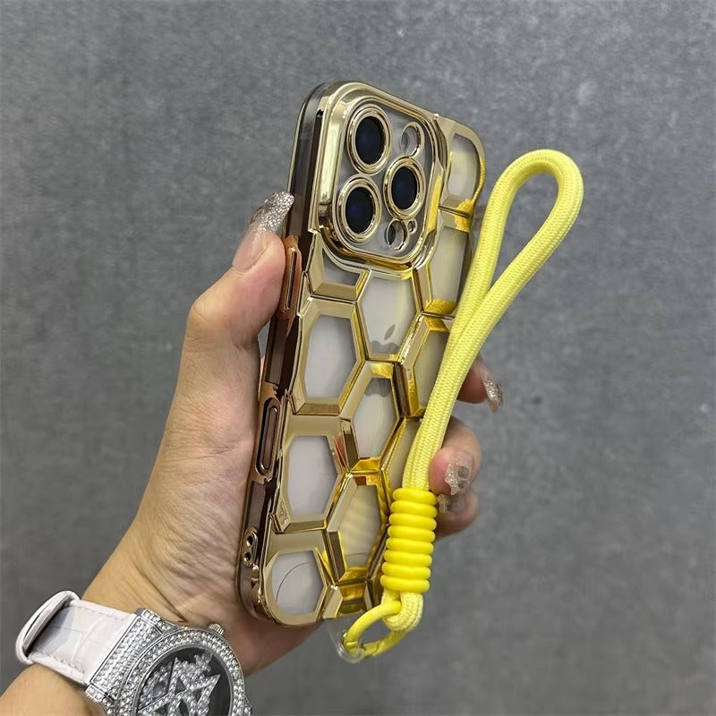 Luxury Apple iPhone Case, MagSafe Compatible, Camera Lens & Screen Protection, Ultra Thin, Shockproof, Magnetic Full All Around Cover – Clear Electroplated TPU Case with Football Design & Wrist Hand Chain