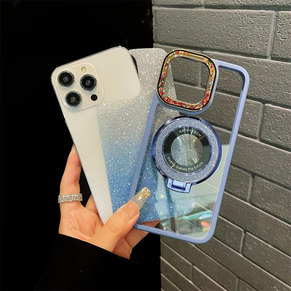 Luxury Apple iPhone Case, MagSafe Compatible, Camera Lens & Screen Protection, Ultra Thin, Shockproof, Magnetic Full All Around Cover – Gradient Glitter Diamond Case with Stand Holder & Wireless Charging Support