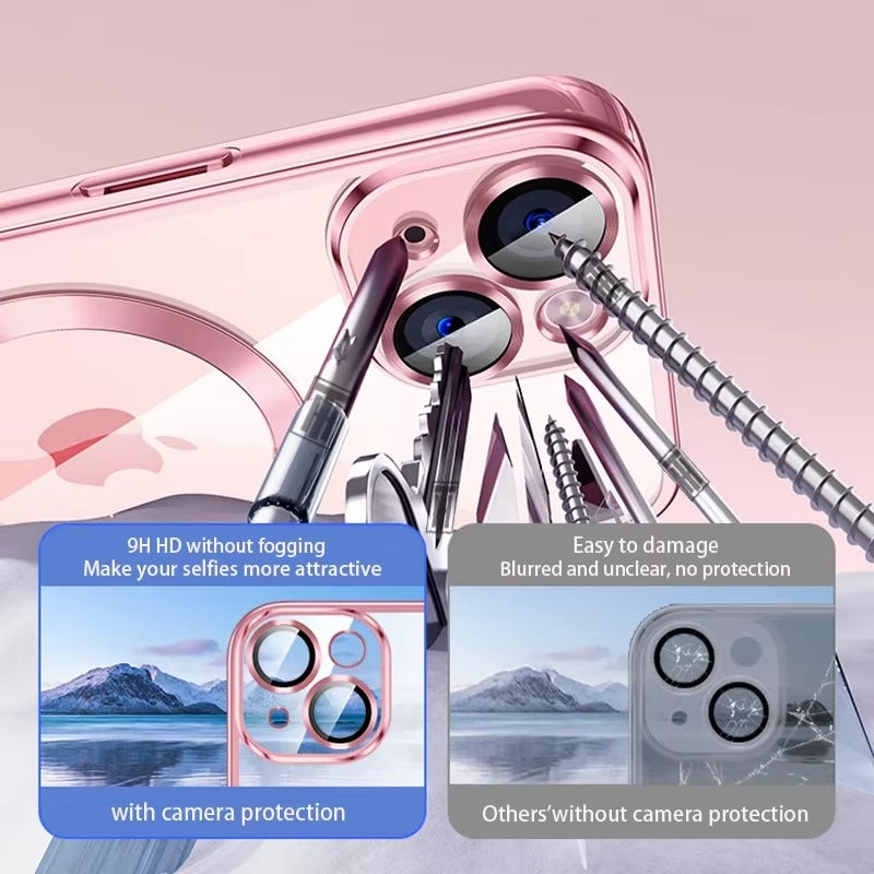 Luxury Apple iPhone Case, MagSafe Compatible, Camera Lens & Screen Protection, Ultra Thin, Shockproof, Magnetic Full All Around Cover – Plating Transparent Silicone TPU Case with Magnetic Back & Lens Film Protection