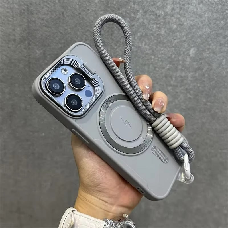 Premium Apple iPhone Case, MagSafe Compatible, Camera Lens & Screen Protection, Ultra Thin, Shockproof, Magnetic Full All Around Cover – Soft Silicone Case with Wrist Strap, Magnetic Lanyard & Lens Stand Bracket