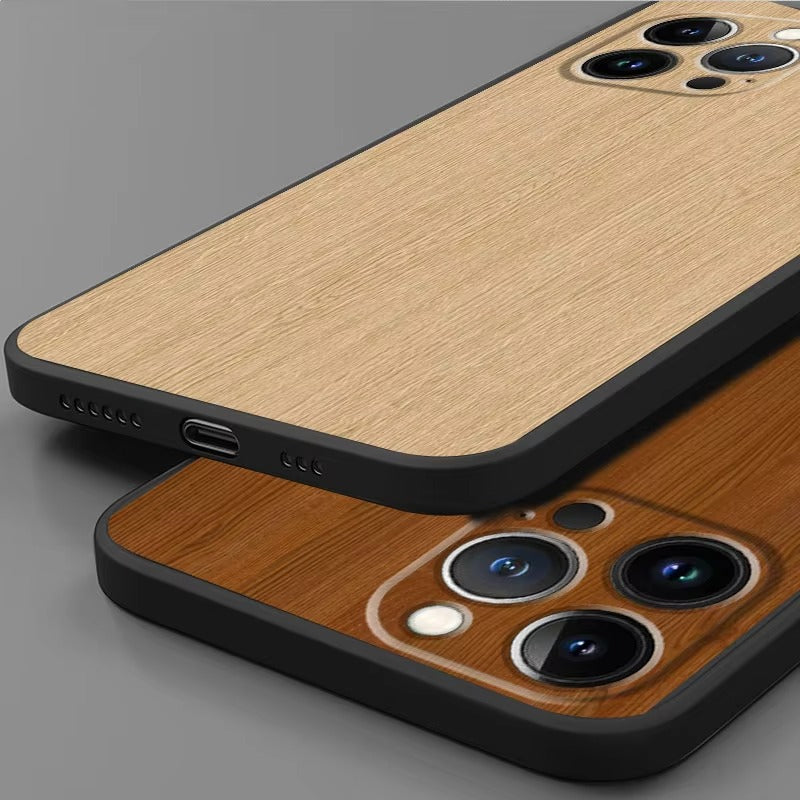 Premium Wood Grain iPhone Case MagSafe Compatible Ultra Thin Magnetic with Smooth Brown Texture and Metallic Frame Design