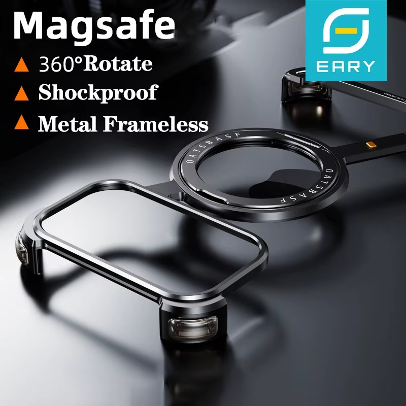 Premium Aluminum Magnetic iPhone Case – MagSafe Compatible Frameless Shockproof Protector with 360° Rotating Stand Ring and Camera Lens Guard