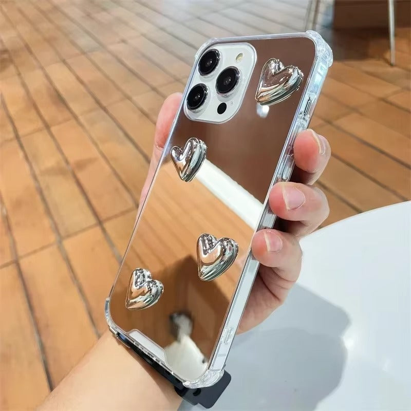 Luxury Apple iPhone Case, MagSafe Compatible, Camera Lens and Screen Protection, Ultra Thin, Shockproof, Magnetic, Full All Around Protection, Silvery Heart Mirror Cover